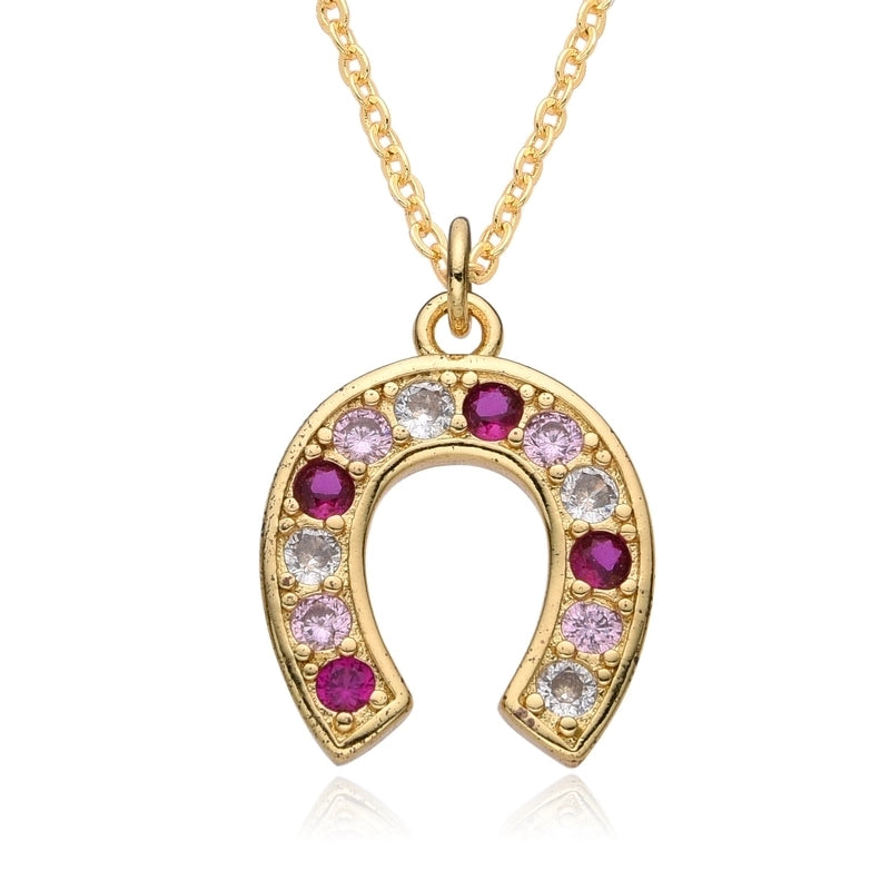 Copper 18K Gold Plated Inlay Horseshoe Zirconia Pendant Necklace
