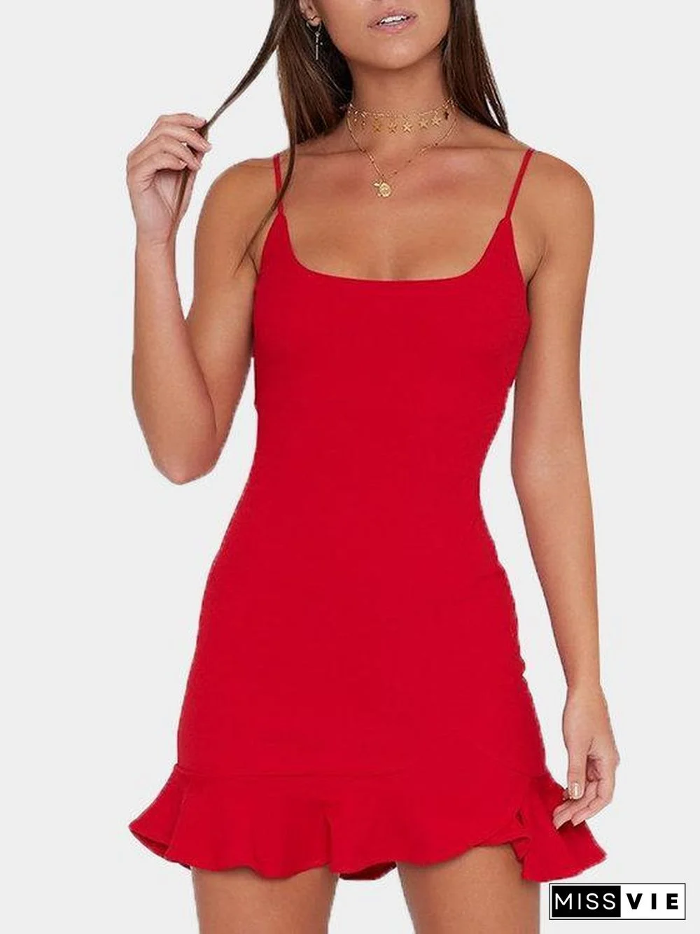 Spaghetti Backless Flounced Hem Mini Dresses