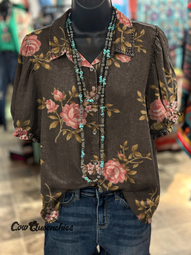 Women&rsquo;s Simple Rose Floral Pattern Printed Casual Cotton Shirt Brown / S