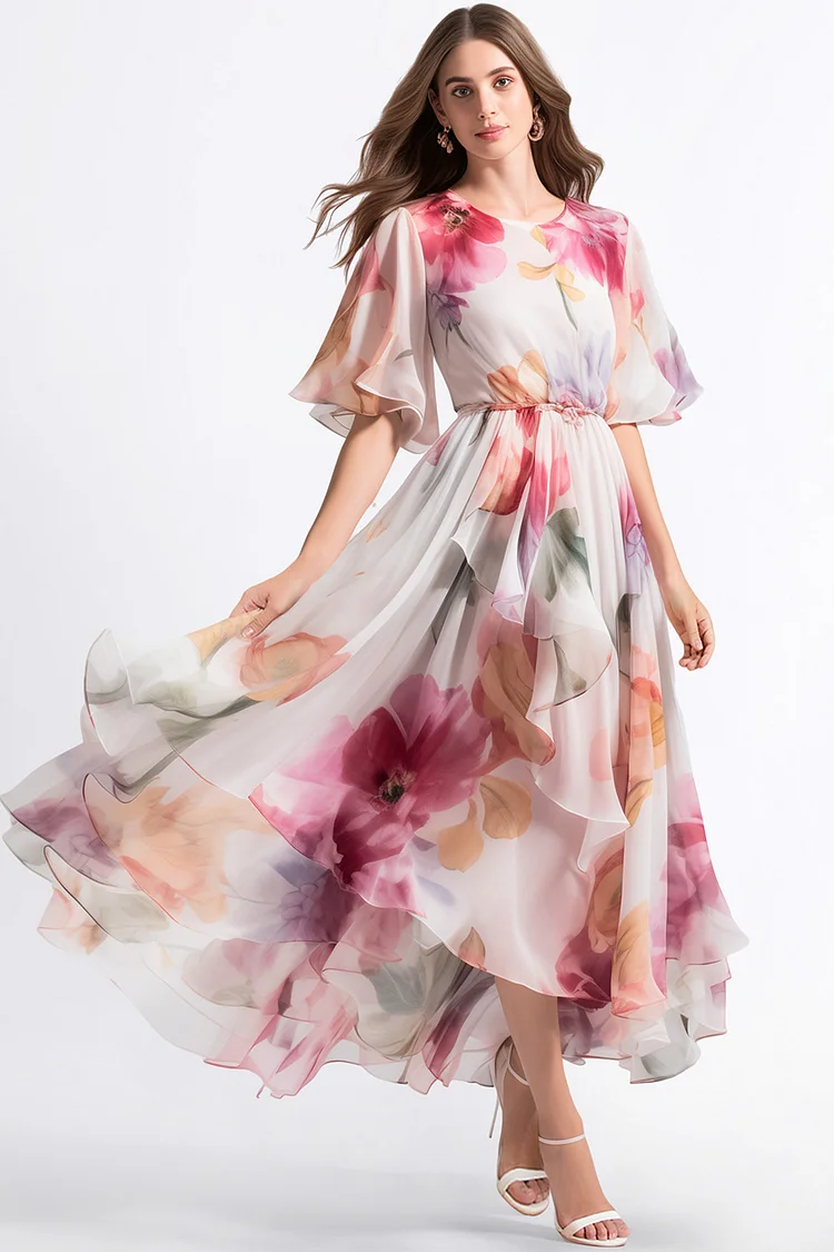Zaruci Everyday Pink Chiffon Floral Print Flutter Sleeve Maxi Dress [Pre-Order]