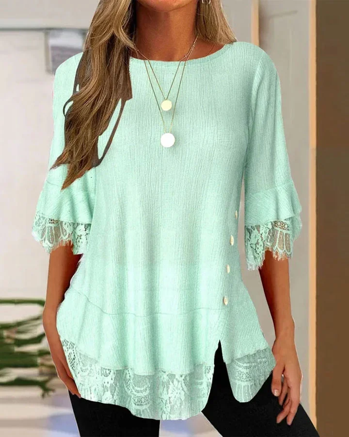 Ladies casual round neck lace stitching T-shirt