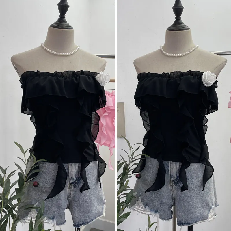 Churchf Real Shooting Pure Wind Lotus Leaf Side With A Word Shoulder Bra Small Vest Short Three-Dimensional Flowers Sleeveless Top 8856