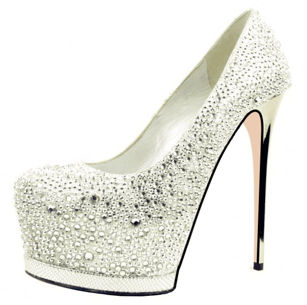 GOOSHOE White Glitter Rhinestone Stiletto Heel Bridal Platform Pumps