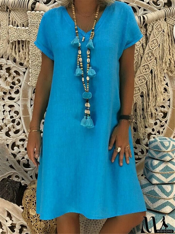 MidiSono - Women's Cozy Short Sleeve Midi Length Shift Dress