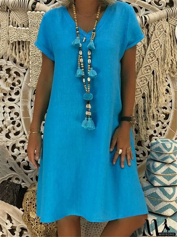 MidiSono - Women's Cozy Short Sleeve Midi Length Shift Dress