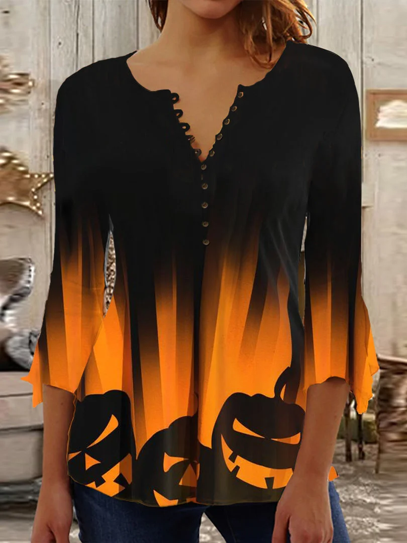 Women's Halloween 3/4 Sleeve V-neck Graphic Top