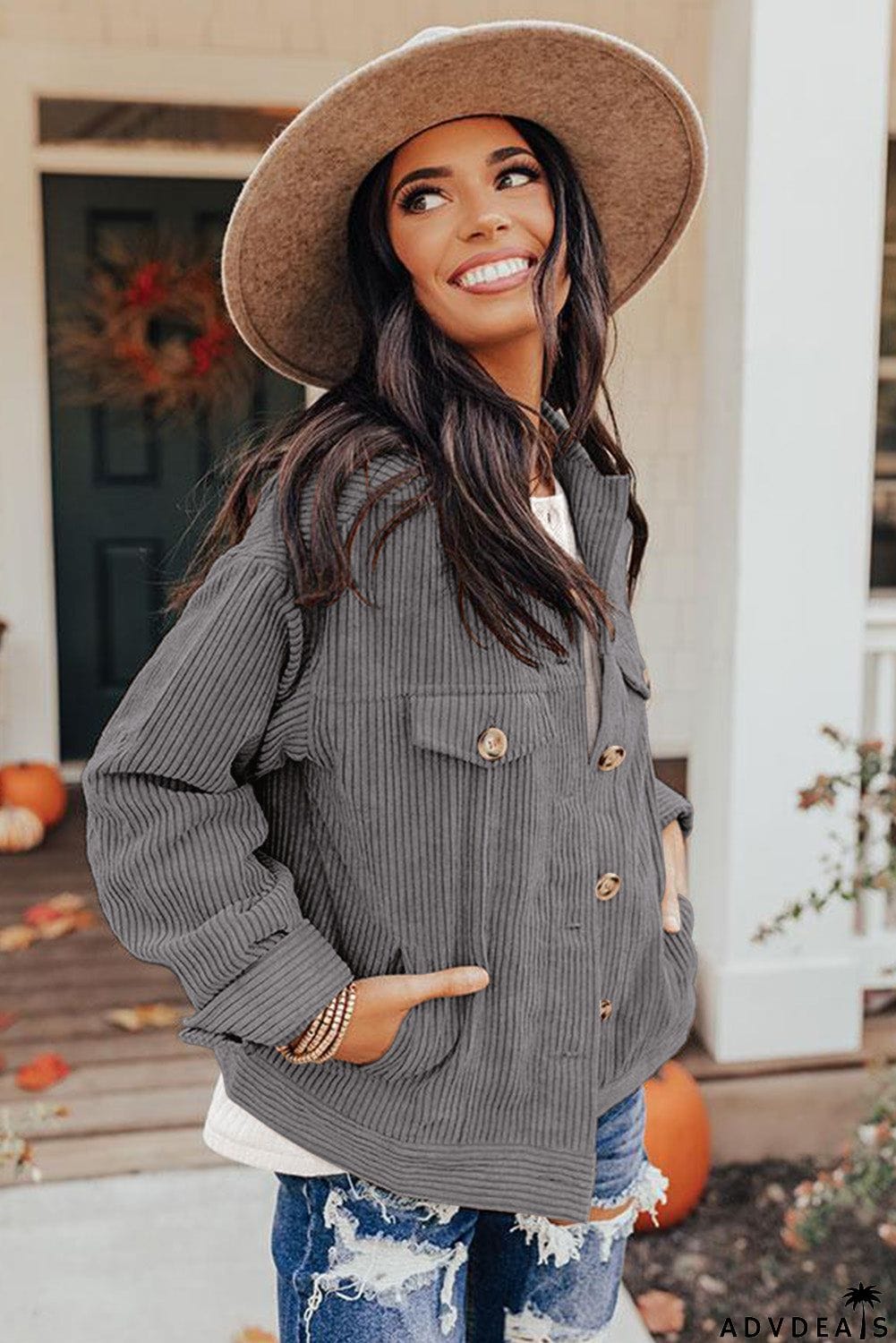 Ribbed Corduroy Long Sleeve Jacket with Pocket