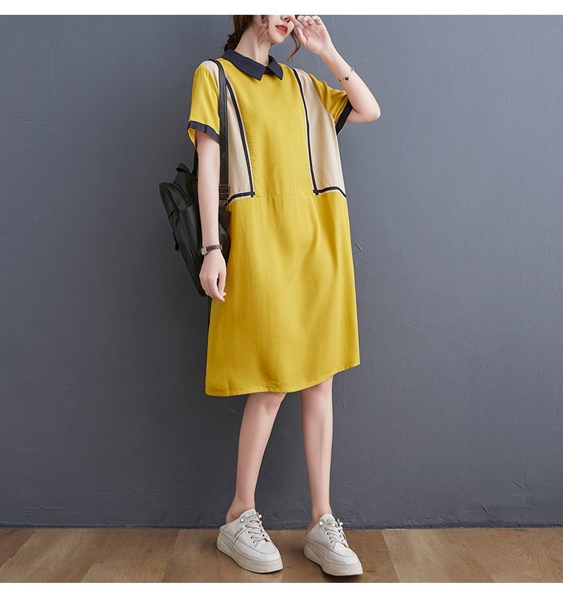 Literary Contrast Color Splicing Lapel Midi Dress