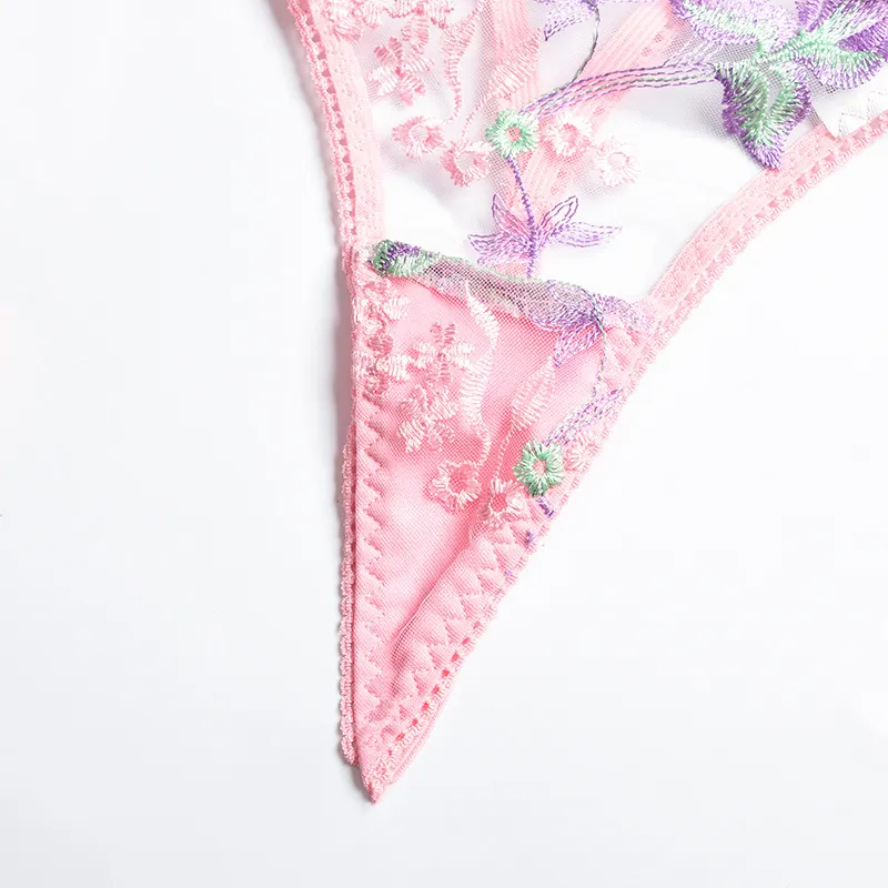 Billionm Pink Floral Lingerie Set Women Underwear Lace Transparent Bra Panties Sexy Push Up Bras Fancy Ladies Embroider Costumes for Sex