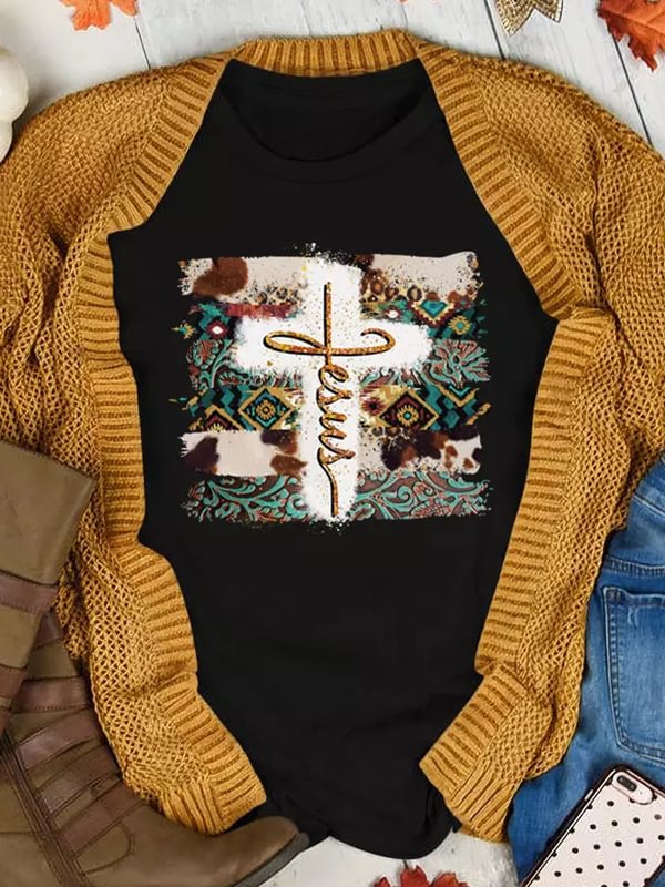 Jesus Aztec Geometric O-Neck T-Shirt