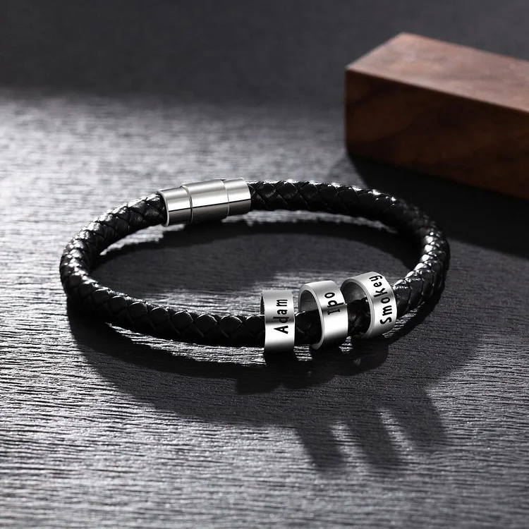 Pulsera de cuero trenzado Pulsera de hombre con 3 nombres personalizados con 3 perlas