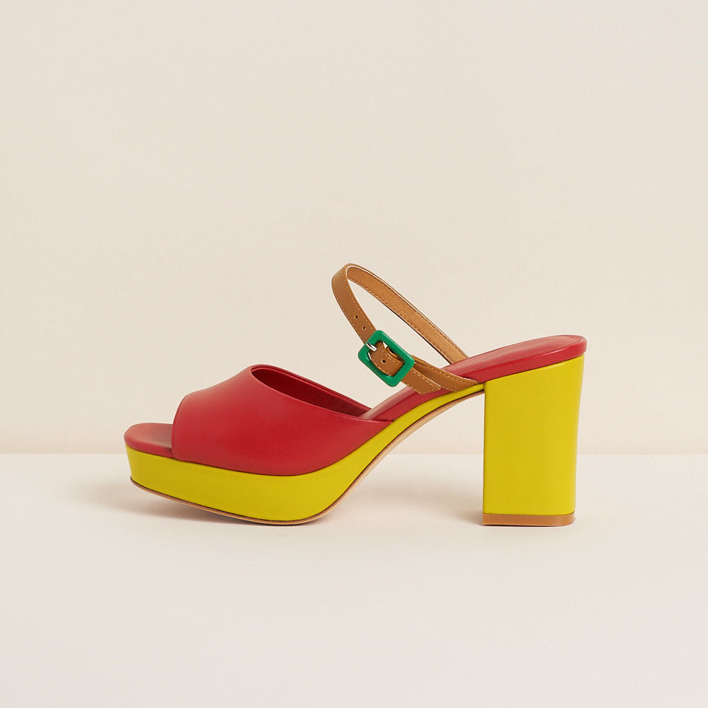 Red Vegan Leather Round Toe Chunky Heel  Wide Band Platform Mules Nicepairs