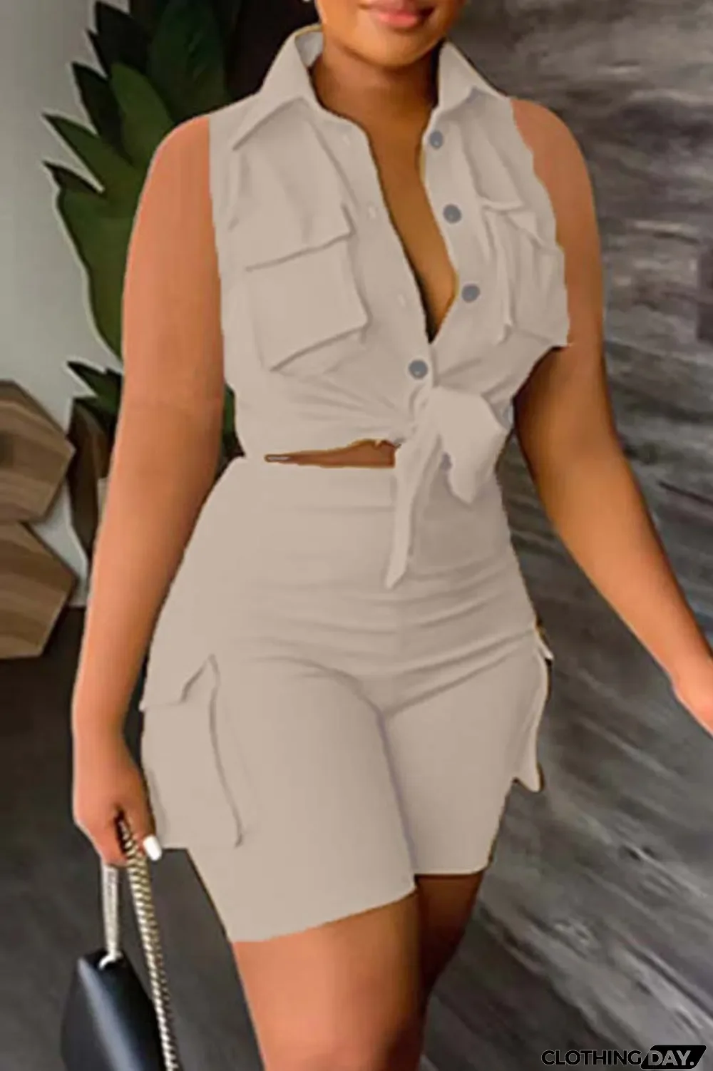 Khaki Casual Solid Patchwork Turndown Collar Sleeveless Two Pieces