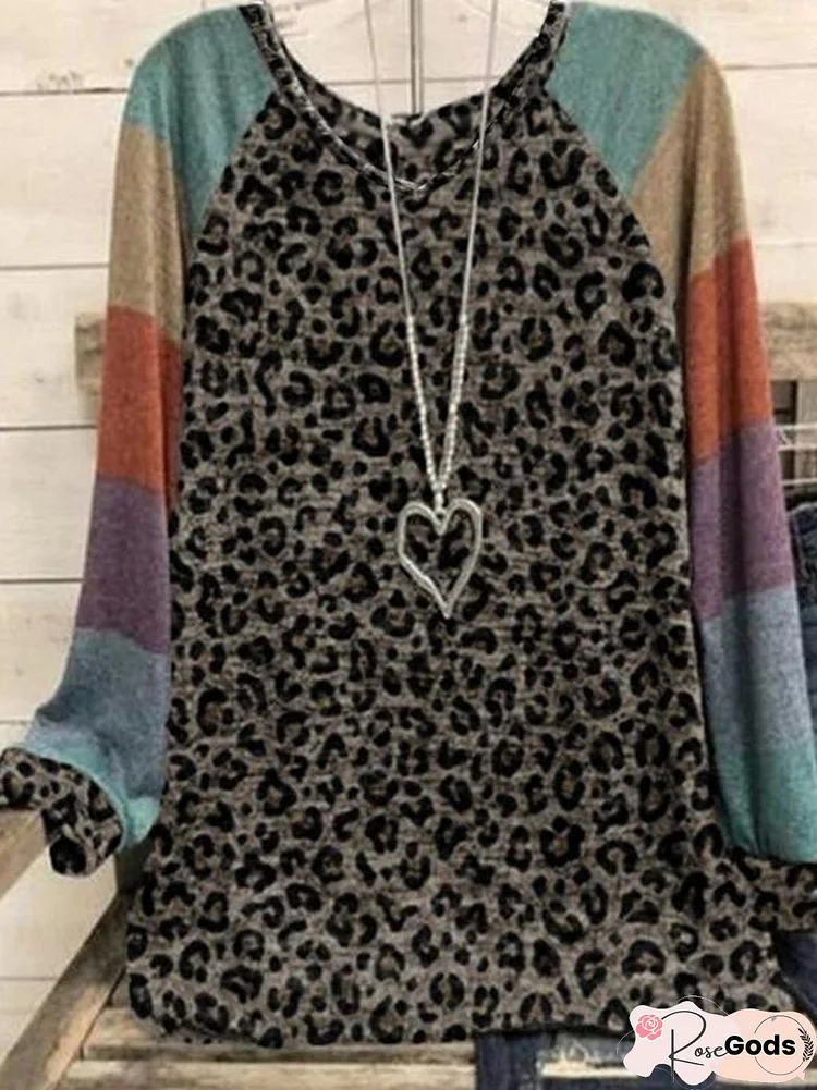 Color Block Leopard V Neck Long Sleeves Casual T-Shirts