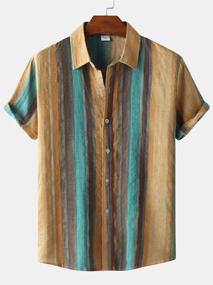 Summer Hawaii Men's Cardigan Cotton Linen Men's Shirt Striped Printed Lapel Short Sleeve Loose Type Shirt