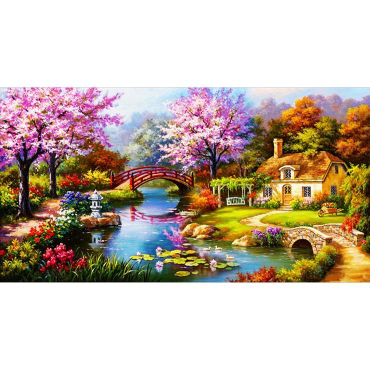 Red Bridge Flower Park DIY Full Drill Round Drill Diamond Painting