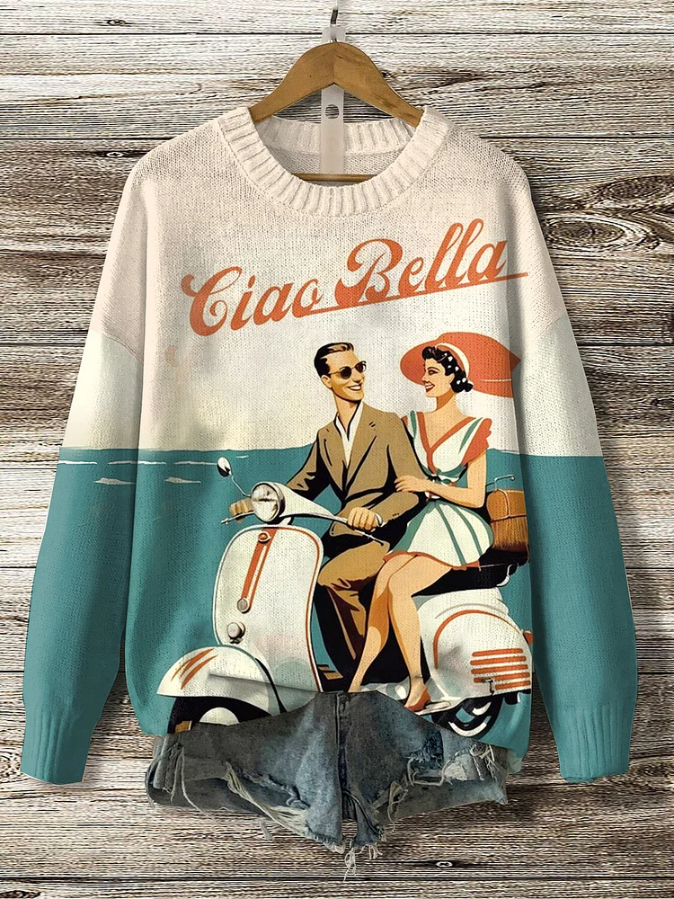 Women's Car Retro Nostalgia Print Knit Sweatshirt