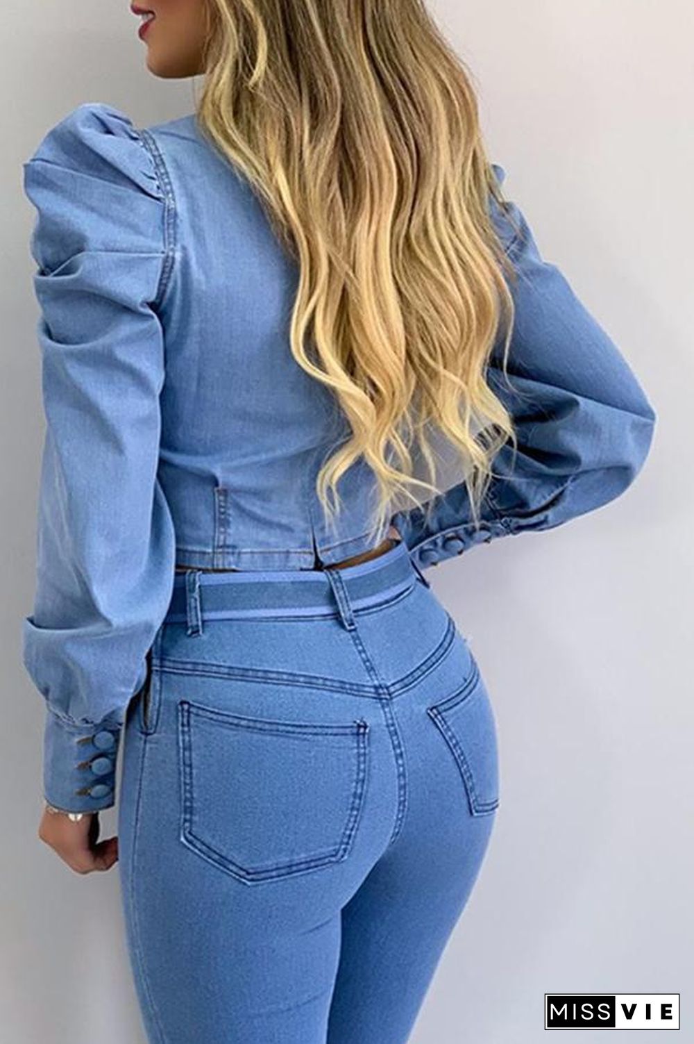 Puff Sleeve Round Neck Denim Blouse P14301