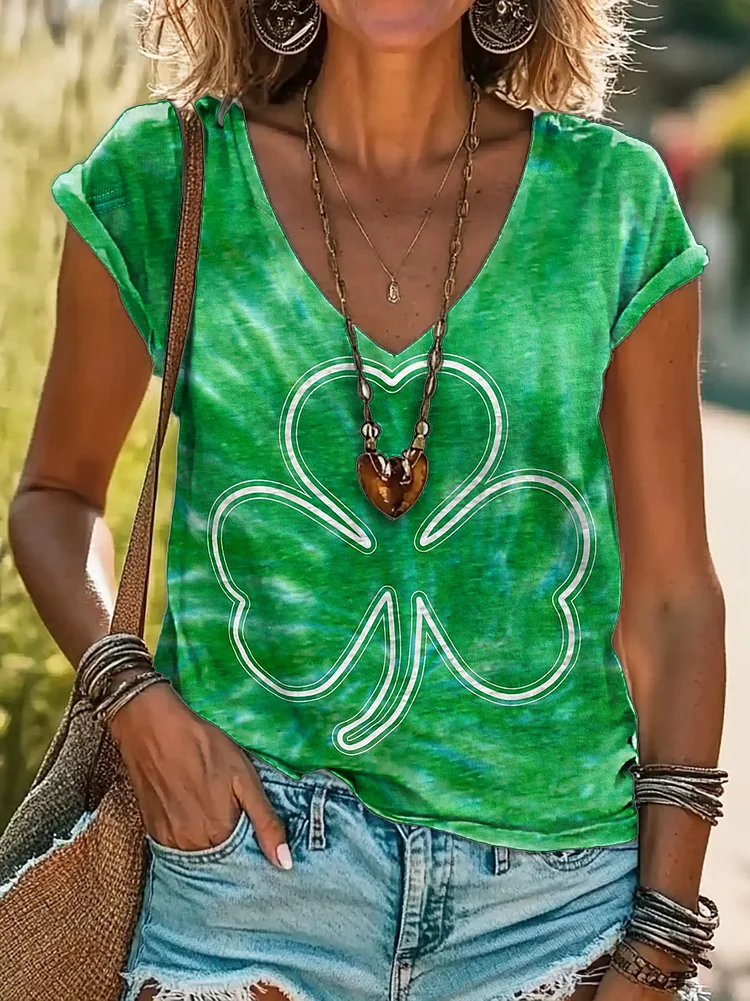 Women's Saint Patrick's Day Green Tie Dye Print 100%Cotton V-neck T-Shirt