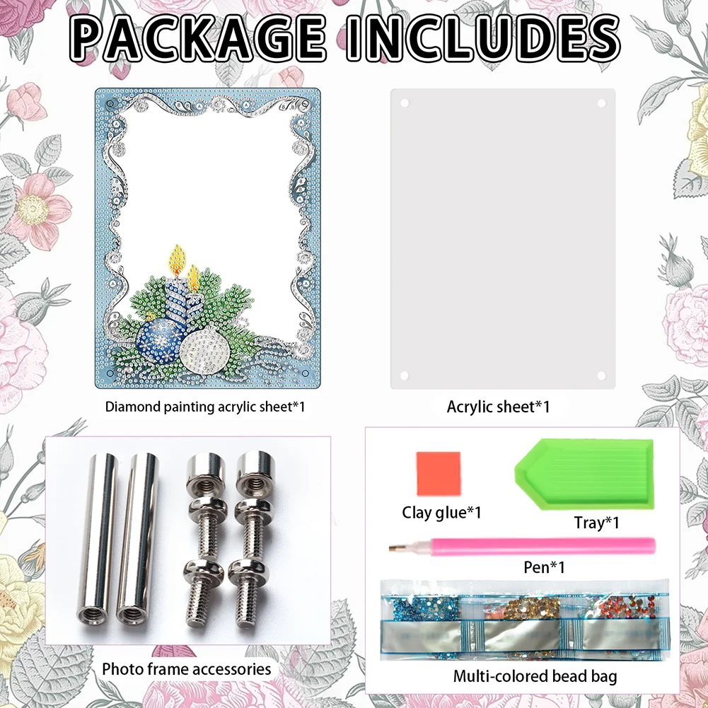 5D DIY Christmas Blue Floral Special Shape Diamond Painting Photo Frame Home Decor