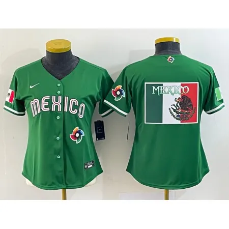 Women's Mexico Baseball 2023 Green Big Logo World Baseball Classic Stitched Jersey(Run Small) 1KLX