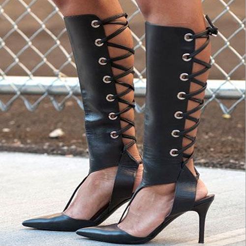 VCSHOES Black Lace Up Cutout Leather Knee High Boots