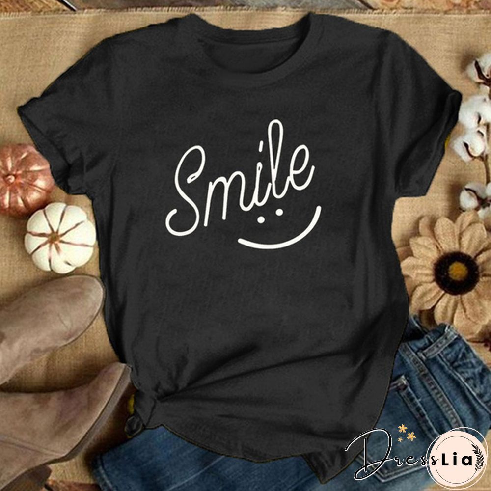 Smile Print Women T Shirt Short Sleeve O Neck Loose Women Tshirt Ladies Tee Shirt Tops