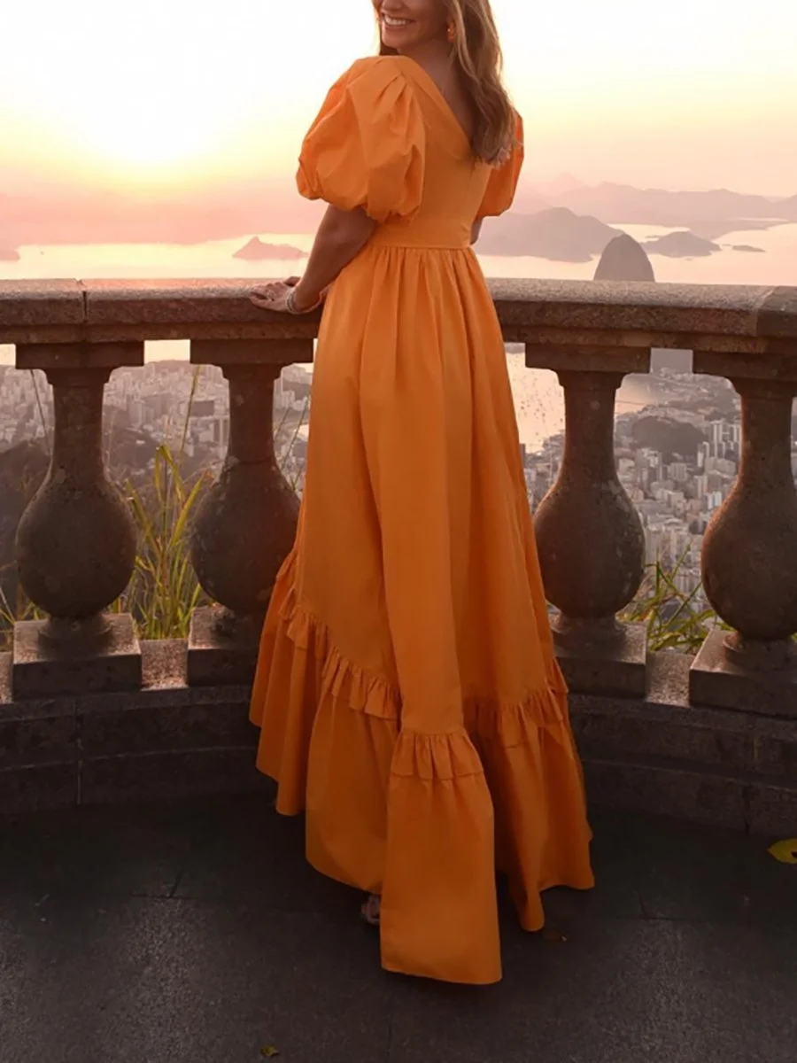 High waist dress with V neck puff sleeves