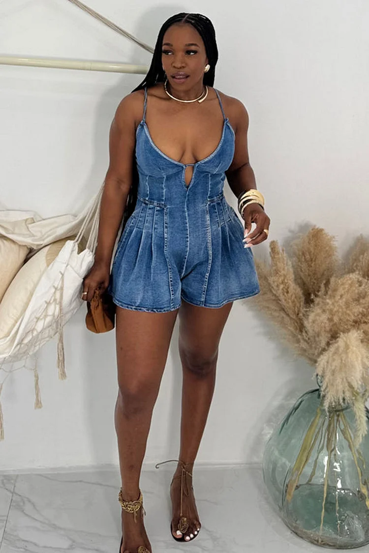 Notched Neck Back Cross Cami Pleated Denim Romper Playsuit-Blue [Pre Order]