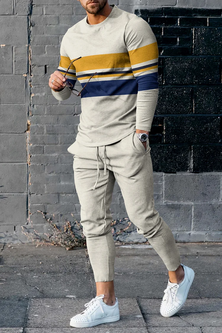 Tiboyz Trendy Beige Contrast Stripe Print T-Shirt And Pants Co-Ord