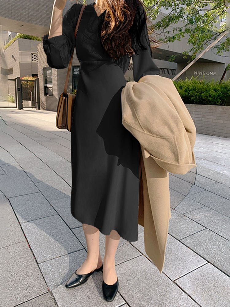 Solid Color V-neck Lace-up Long Sleeve Ladies Dress SKUI78138 QueenFunky