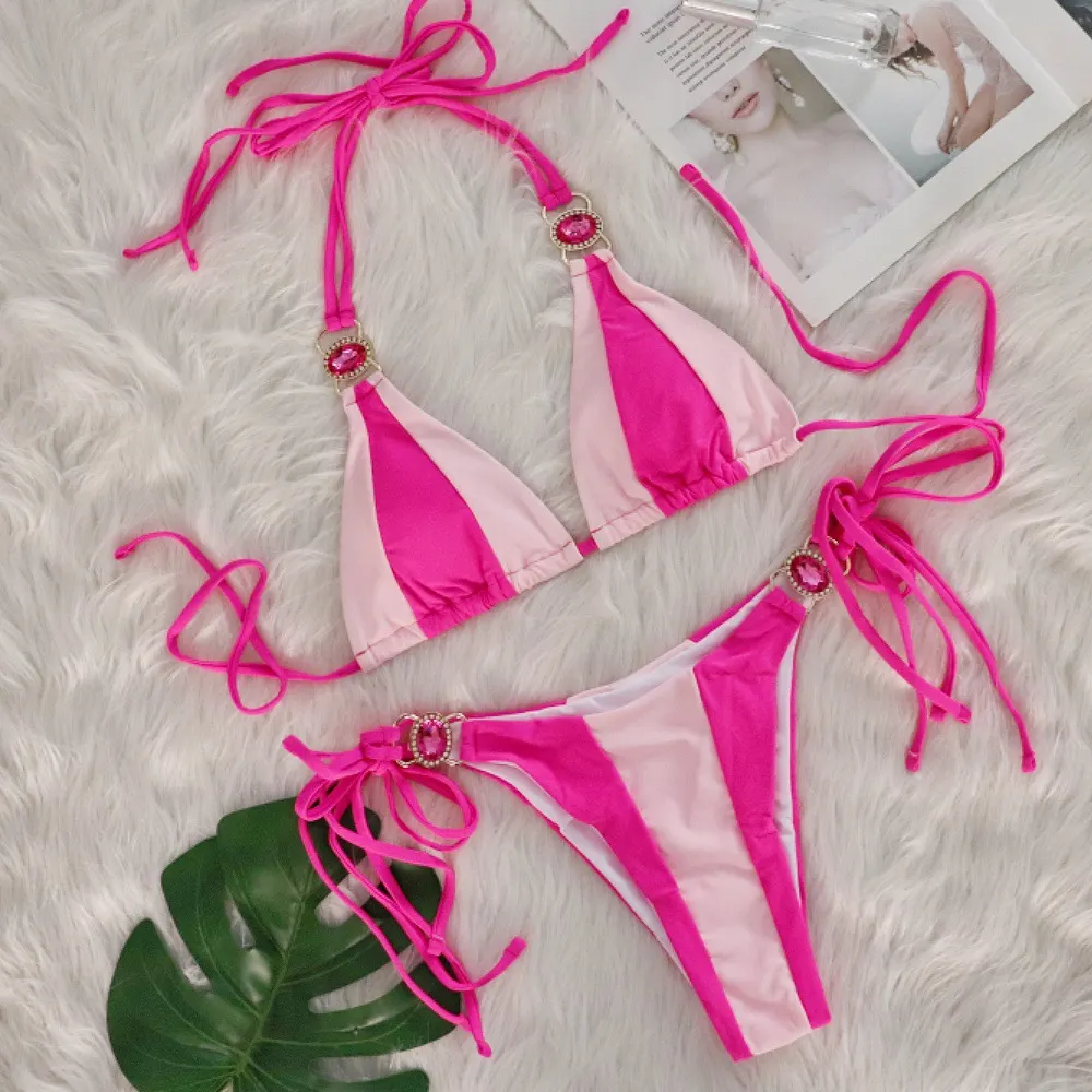 Uveng Uveng Sexy New Crystal Diamond Bikini Solid Color Patchwork Belt Swimsuit Vacation Split Women's Swimsuit