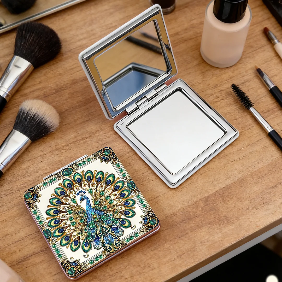 Green Peacock DIY Special Shaped Diamond Painting Compact Mirror Kits Diamond Art Painting Pocket Mirror for Adults and Beginners