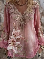 Elegant Pink Lily Glitter Floral Flowy Linen Tunic