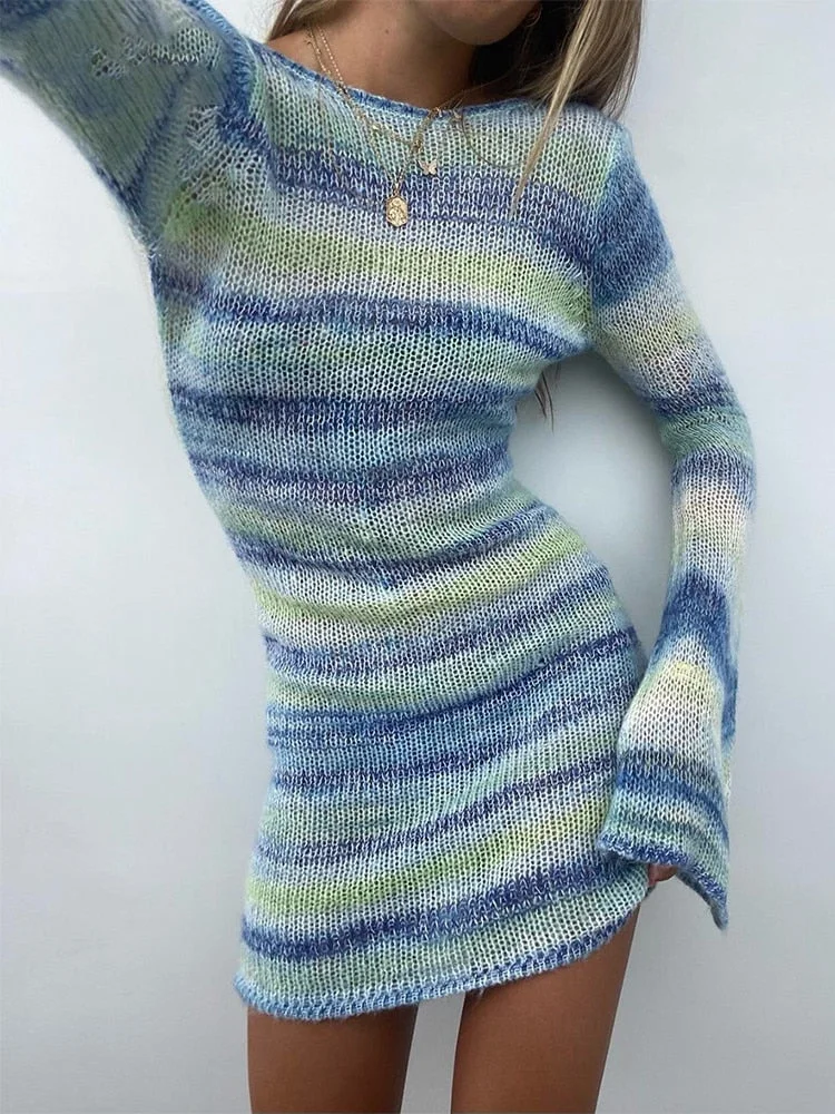 Tawnie Y2K Stripe Knit Backless Mini Dress Women Casual Long Sleeve Bodycon Beach Dress Elegant Sexy Dresses Party 2022 Summer