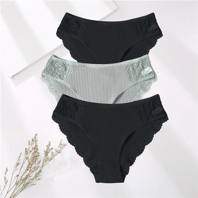 FINETOO 3PCS/Set M-XXL Cotton Underwear Women's Panties Comfort Underpants Floral Lace Briefs For Woman Sexy Low-Rise Intimates