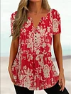 Casual Style Women's Summer Loose V-neck Button Collar Pullover Daily Models Short-sleeved Button Plant Floral Print T-shirt