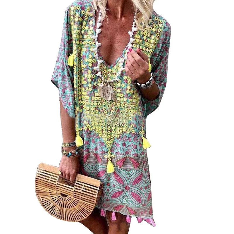 Uveng Bohemian Sexy V-neck Printed Tassel Dresses