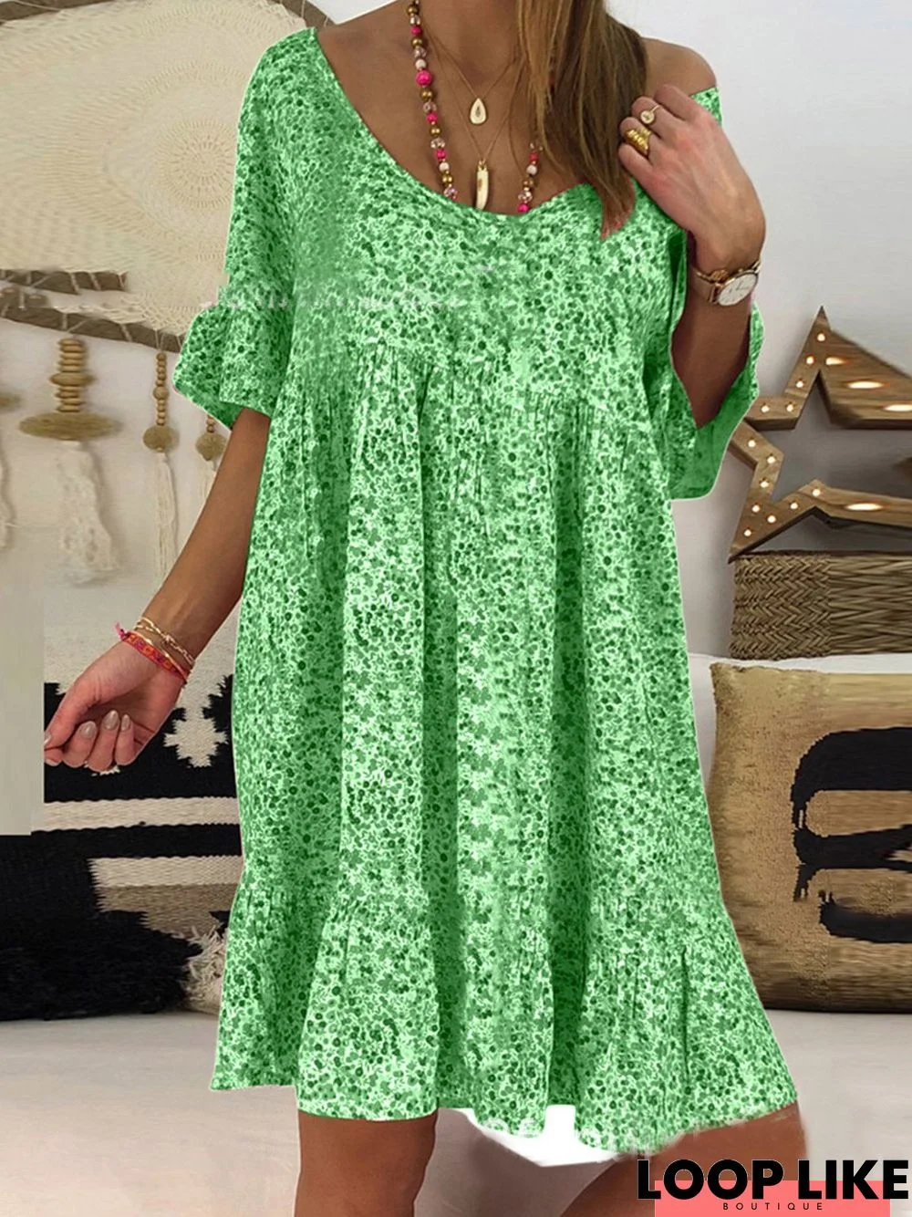 Paneled Short Sleeve Cotton-Blend Weaving Dress