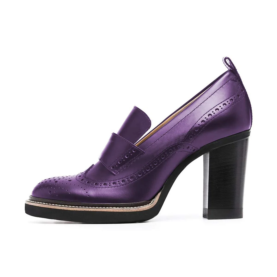 Chic Vegan Leather Round Toe Perforated Loafer Heels in Purple