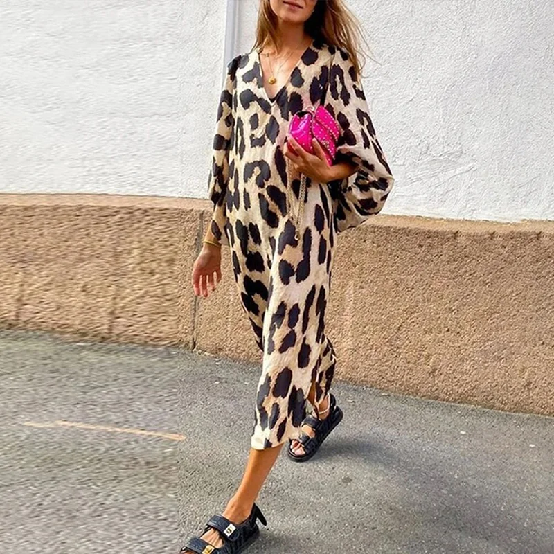 ⚡NEW SEASON⚡Casual V-neck Leopard Print Lantern Sleeve Dress