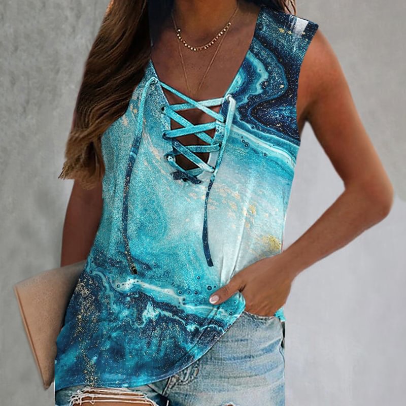 Blue Marbling Patterns Lace-up Sleeveless Vest