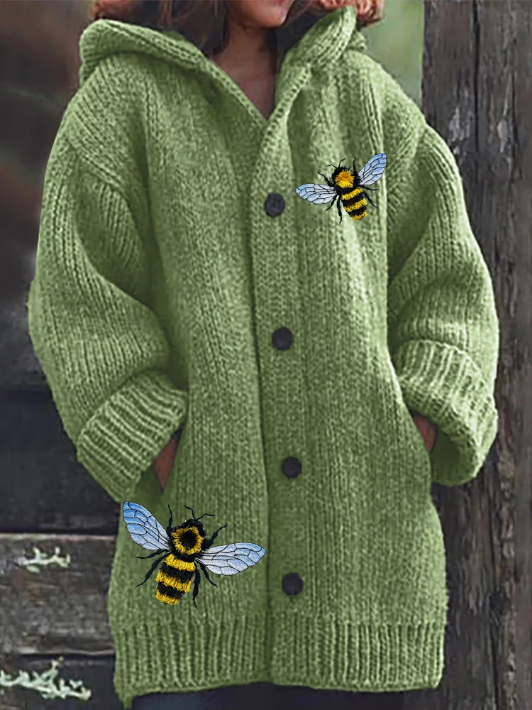 VChics Fringed Bee Cute Honeybee Insect Embroidery Comfy Hooded Cardigan