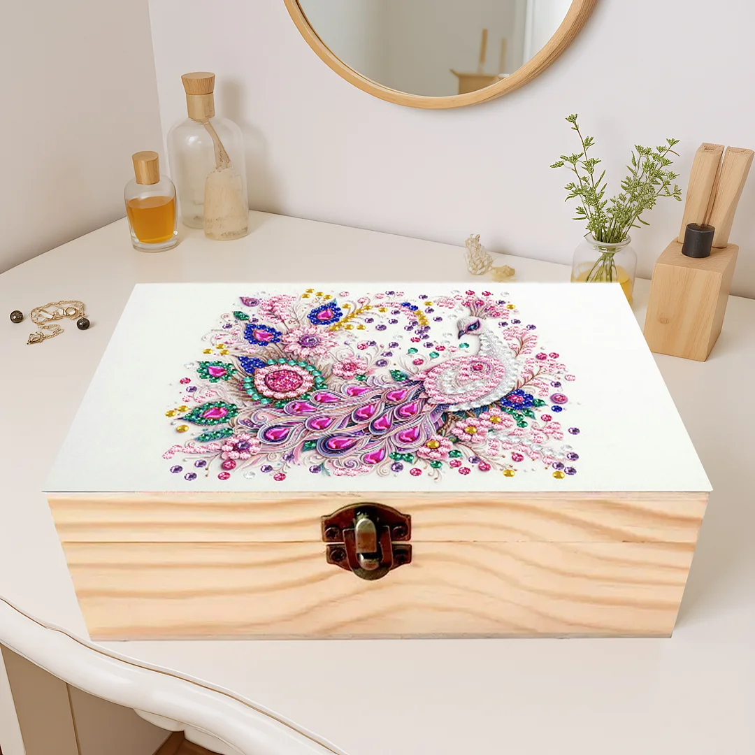 Peacock DIY Wooden 5D Diamond Art Diamond Art Storage Box for Adults Desktop
