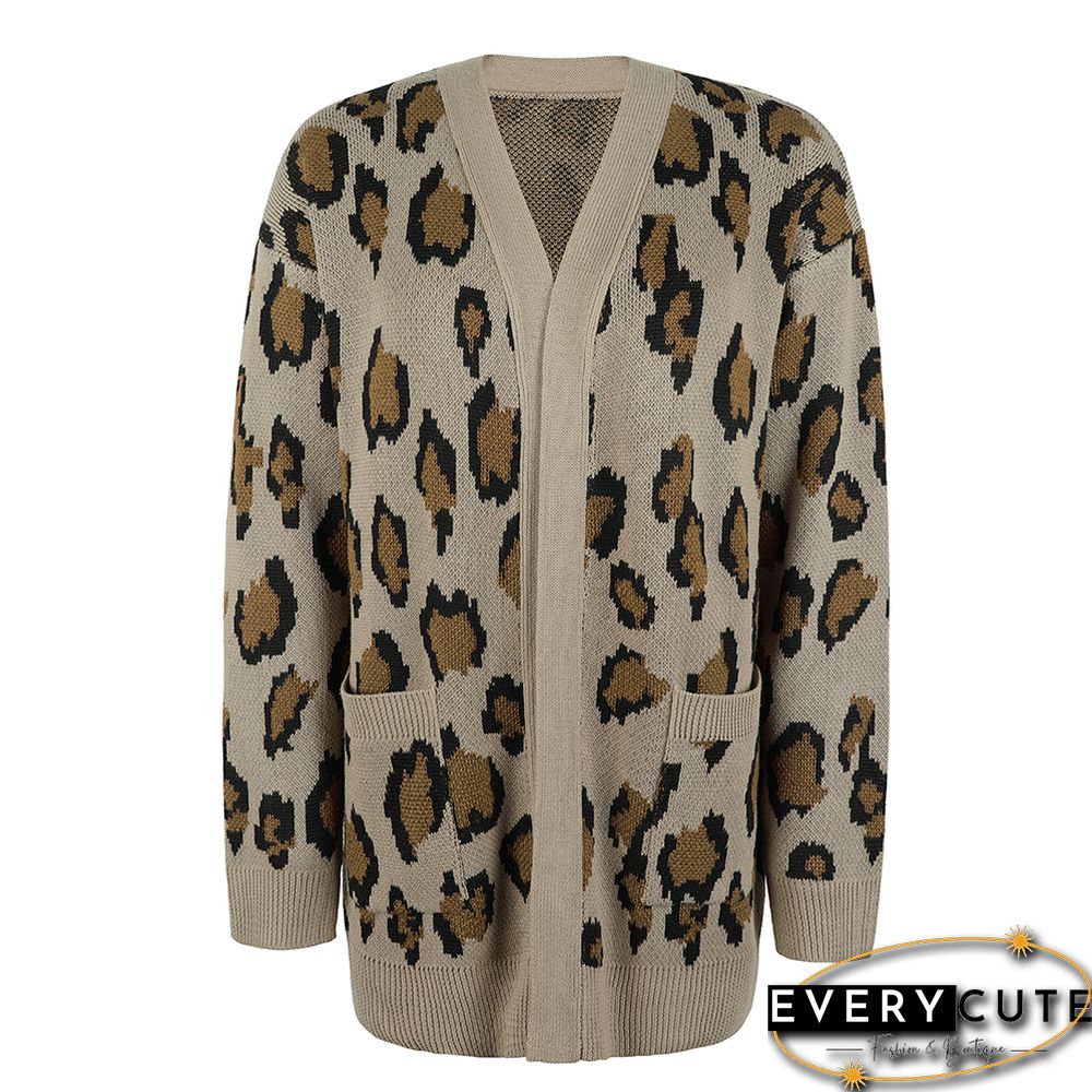 Khaki Contrast Leopard Print Pocket Open Front Cardigan