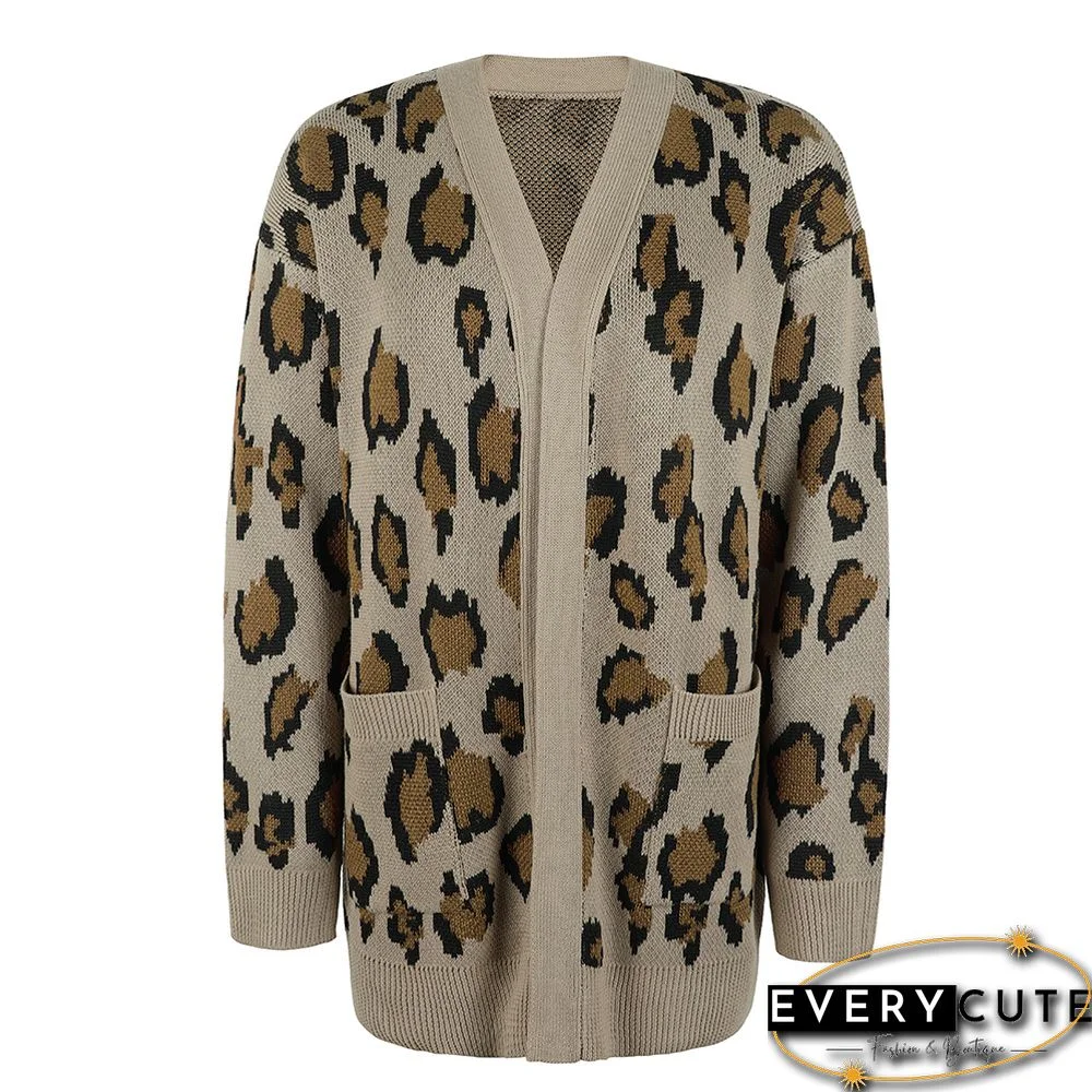 Khaki Contrast Leopard Print Pocket Open Front Cardigan