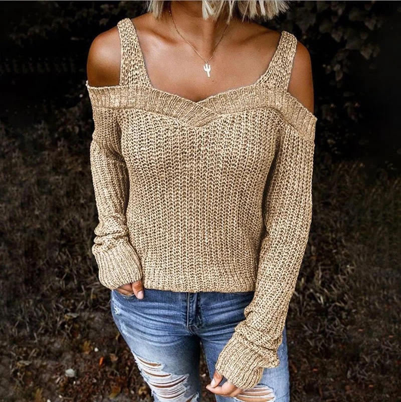 Sexy Strapless Solid Color Casual Long Sleeve Sweater
