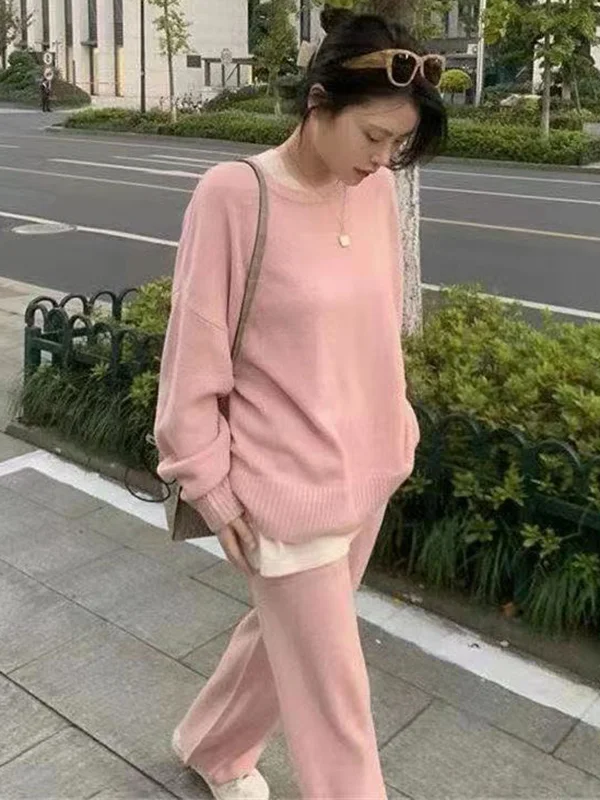 Casual Loose Solid Color Round-Neck Sweater Tops & Wide Leg Pants Suits