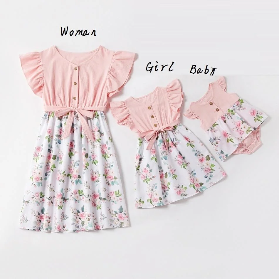 Irregular Mother Daughter Macthing Dresses Family Set Flower Mom Mum Baby Mommy and Me Clothes Fashion Women Girls Cotton Dress