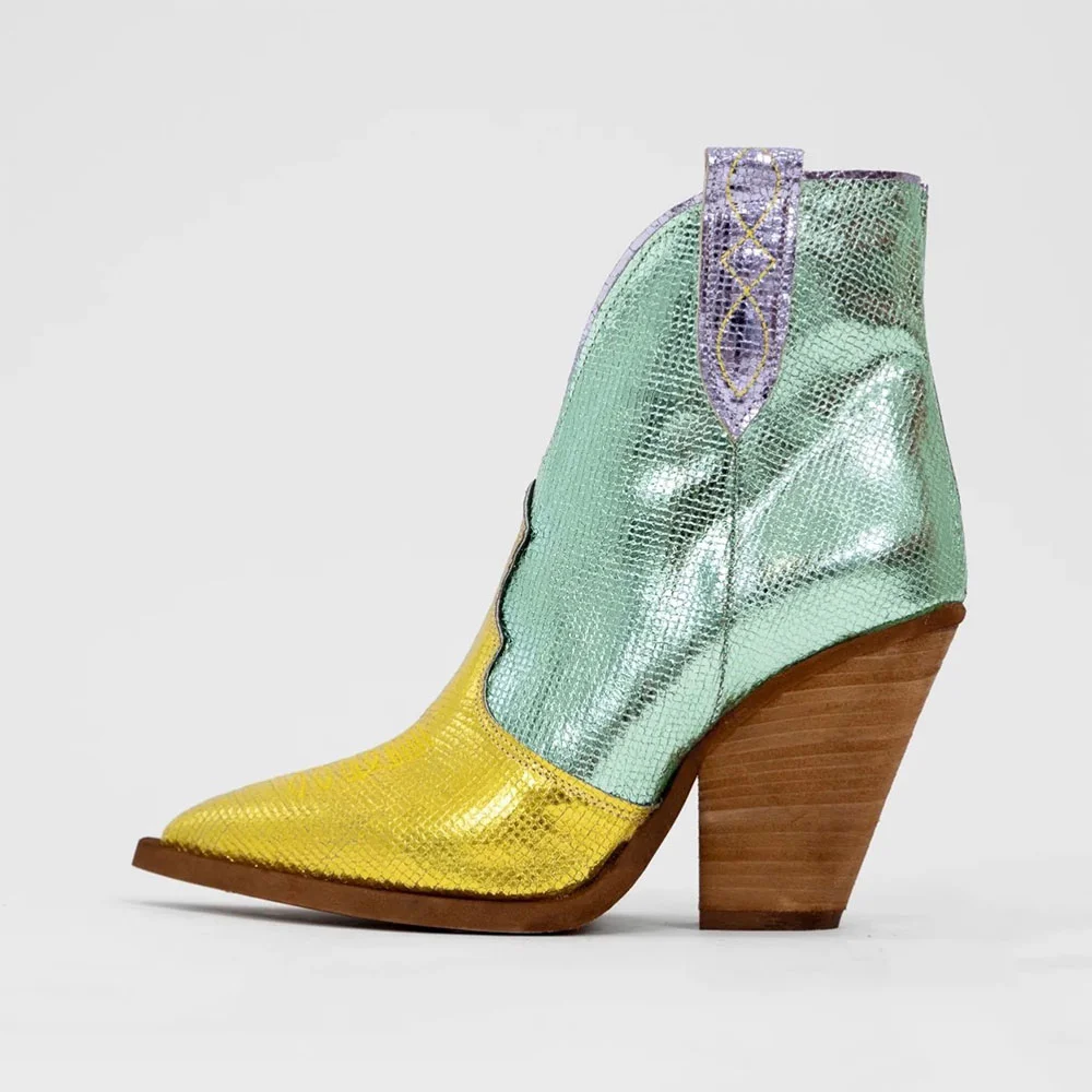 Metallic Yellow & Green Pointed Toe Block Heel Ankle Cowgirl Boots